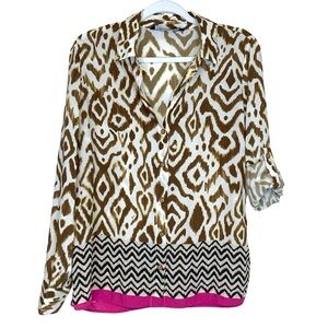 Zara Contrast Print Roll Tab Sleeve Lightweight Blouse Medium Relaxed Collared